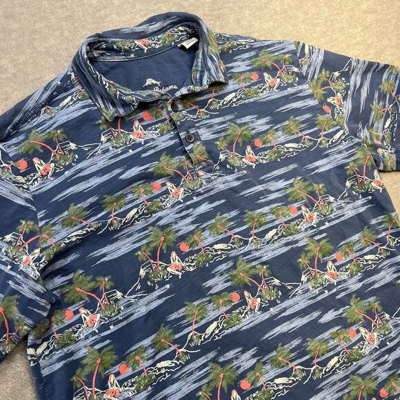 Tommy Bahama Shirt Mens Medium Blue Hawaiian Polo Tropical Palm Hula‎ Girl Pima - Picture 1 of 9